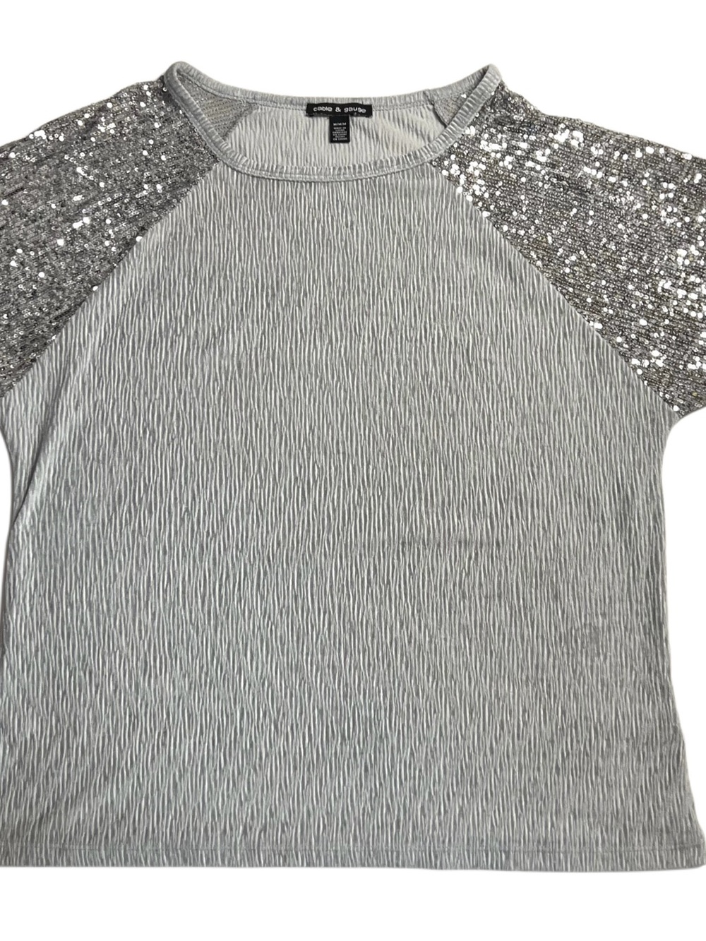 Cable & Gauge Gray Soft Ribbed Tee with Silver Sequin Short Sleeves Size M